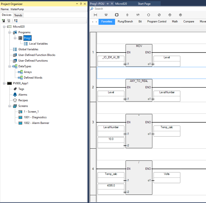 Water-level control PLC ladder logic in Connected Components Workbench